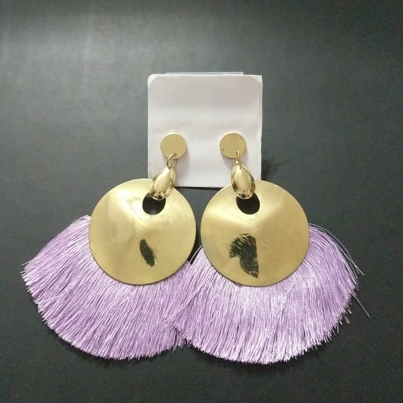 Gold Tone Disc Light Purple Silk Thread Fringe Statement Earrings - Picture 1 of 2